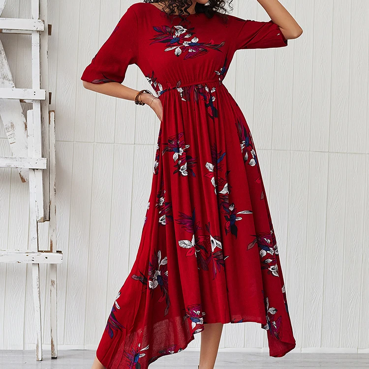 

Well-designed red vintage floral print maxi dress round neck short sleeves slim fit