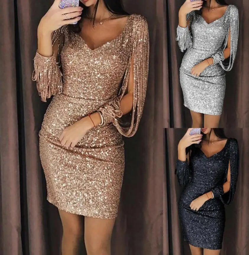

New Women Sequined Long Sleeve Tassel Bodycon Party Club Cocktail Evening Dress, As picture show