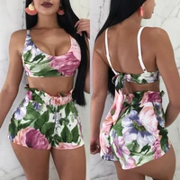 

floral printed crop top and mini shorts two piece women outfits clubwear set W1082