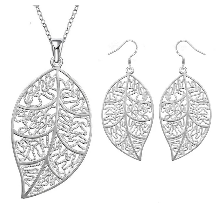 

Wholesale jewelry Fashion 925 silver plated beautiful leaf Earrings and Necklace Jewelry sets, Color/orange red/sea blue/rose red
