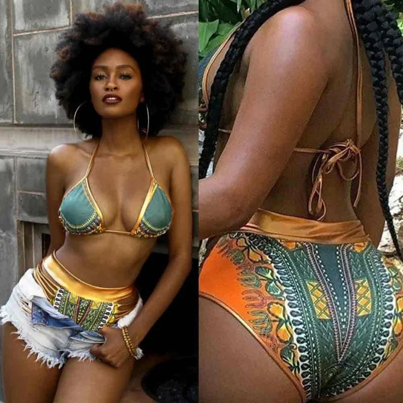 

South Africa Bikini Gold Stamp Printing High Waisted Backless Swimsuit Swimwear Sexy Halter Bandage Bikinis Set, Flower