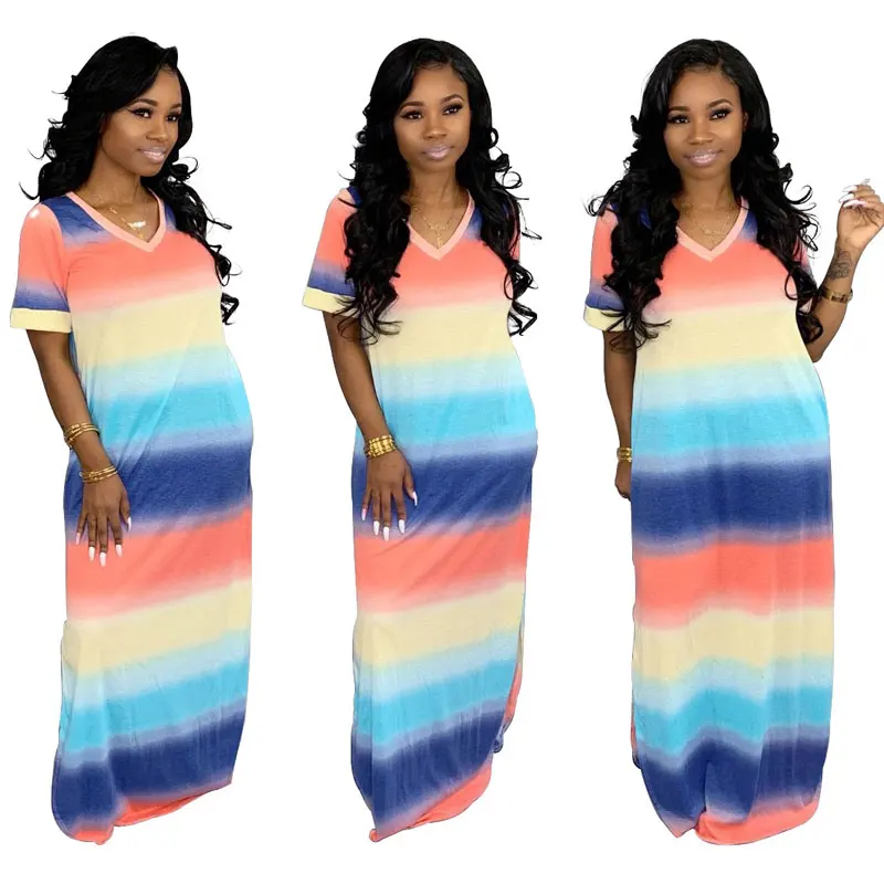 

90622-MX88 summer rainbow straight maxi womens dress