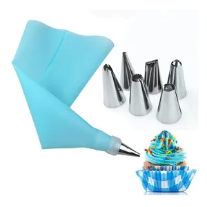Image of Silicone Kitchen Accessories Icing Piping Cream Pink Pastry Bag + 6 Stainless Steel Nozzle DIY Cake Decorating Tips
