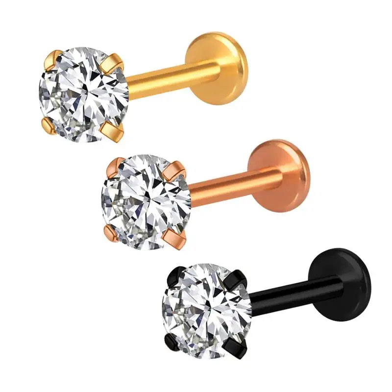 Fashion 16g Internal Threaded Prongsetting Cz Labret Lip Ring Tragus