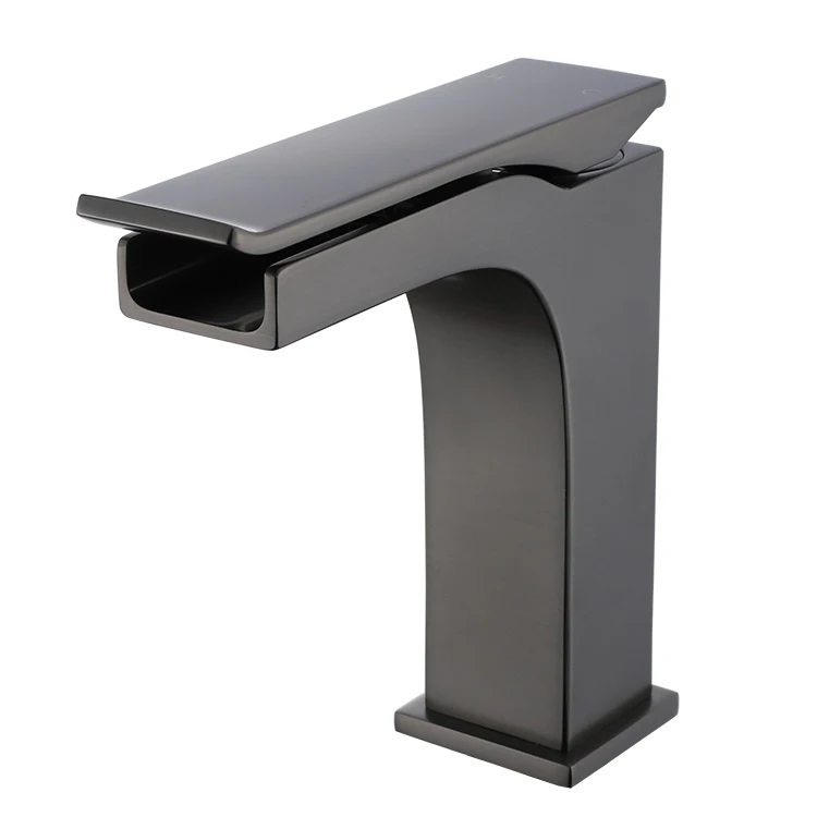 Single Handle Gun Black Gray Square Waterfall Design Bathroom Faucet