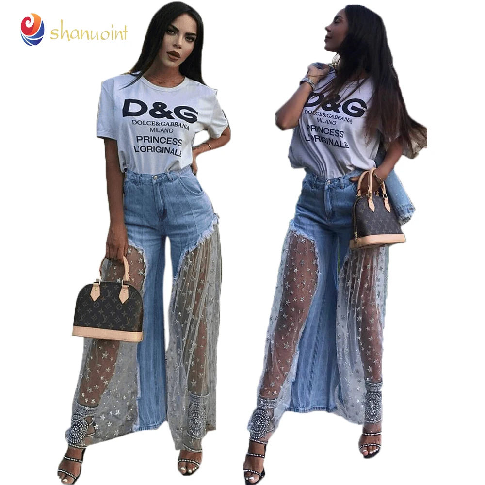 

American styles personality trend lace mesh joint wide leg pants women loose denim jeans pants for girls