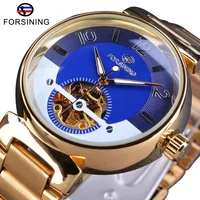 

Forsining Top Brand Luxury Clock Ocean Dial Design Small Skeleton Display Golden Stainless Steel Mens Automatic Watches