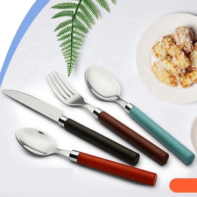 

Luxury German Mirror Polish Wedding Stainless Steel Flatware Set Wholesale Plastic Handle Cutlery Dinner Knife Fork Spoon Set