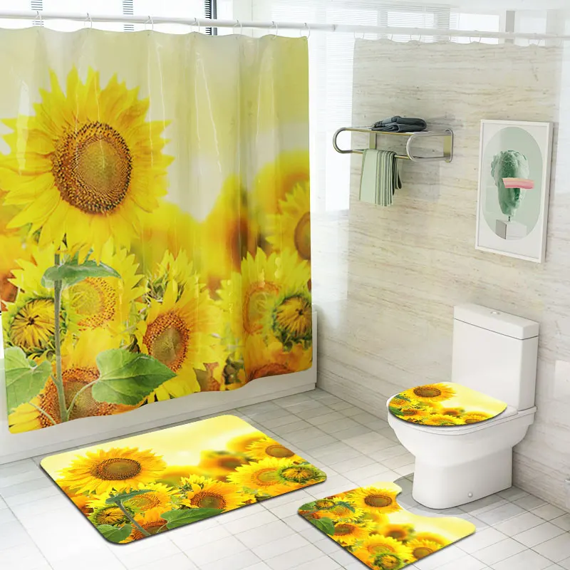 Sunflower Custom Print  Anti Slip Bath Mat and Shower Curtain Set