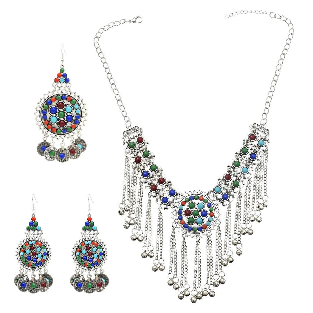 

Bohemian National Style Coin Pendant Necklace Headdress Earrings Three-Piece Set, Silver