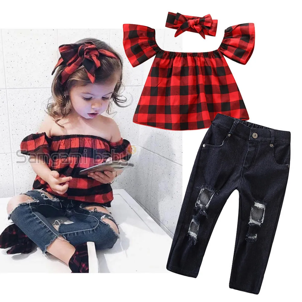 

2019 Children Summer Clothing Newborn Baby Girl 3PCS Clothes Checked Off Shoulder Top TShirt Long Ripped Jeans Pant Outfit 2-7T, As picture