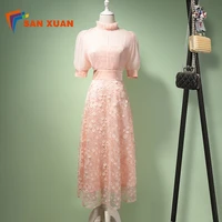 

Factory price summer casual midi style graceful flounced paillette pink high collar short sleeve women embroidered mesh dress