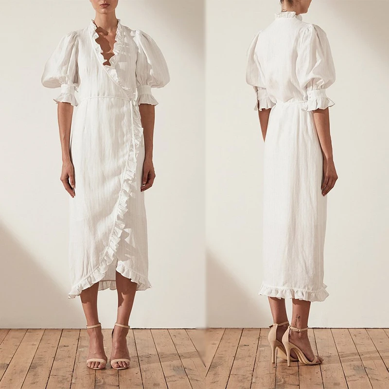 

Puff Sleeve Wrap Midi Elegant Cotton Ladies Linen Dress, White