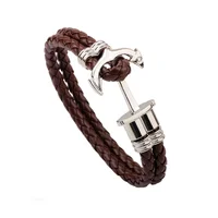 

New design brown wrap leather Cheap wholesale men's anchor bracelet alloy material custom engraved logo bracelet