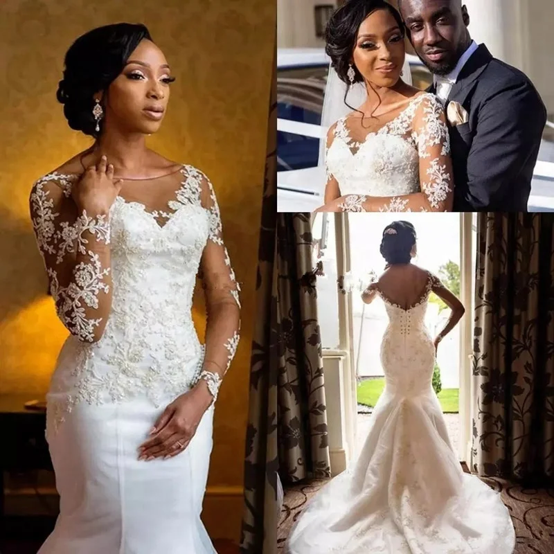 

XN1805 2020 African Sheer Lace Wedding Dress Sexy Backless Sweep Train Bridal Gowns Vestido De Novia Long Sleeve Wedding Dresses, Per the request