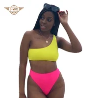 

Two Pieces Swimsuit Women Contract Color Top High Waist Bikini Swimwear