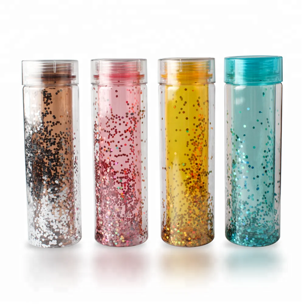 

Plastic double wall water bottle with glitter insulated glitter drinking water bottle