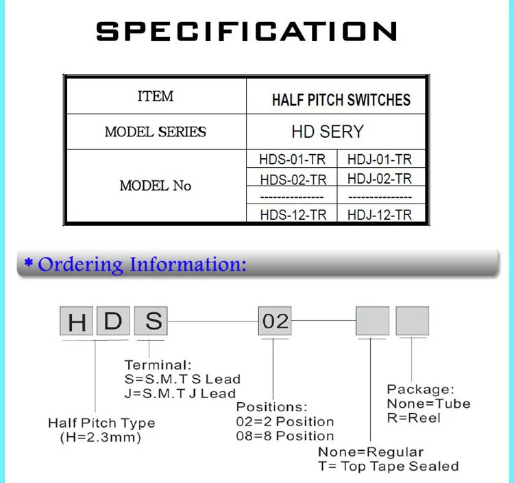 Low Profile Top Sealed SMD 1.27mm 6 positions DIP Switch