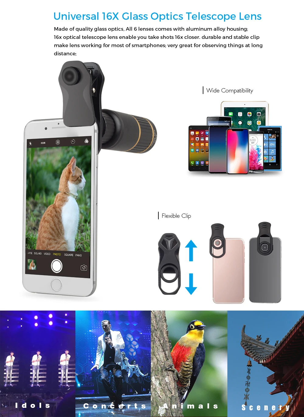 Apexel 16x Mobile Camera Lens Telescope Fisheye Wide Angle Macro