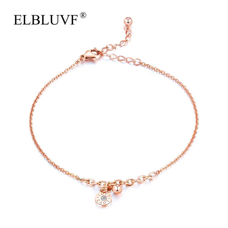 

ELBLUVF Free Shipping Stainless Steel Jewelry Rose Gold Plated Love Circular Zircon Ball Pendant Anklet