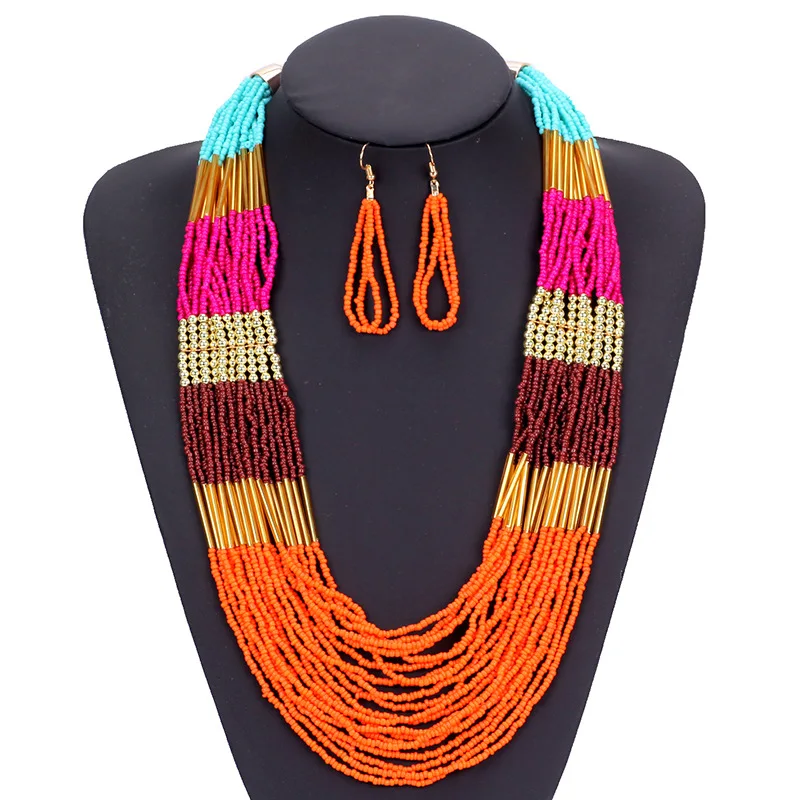 

Fashion Multi-Layer Seed Beads Necklace And Earing Statement African Bohemia BOHO Ethnic Party Jewelry Set For Bead Making, Orange,red