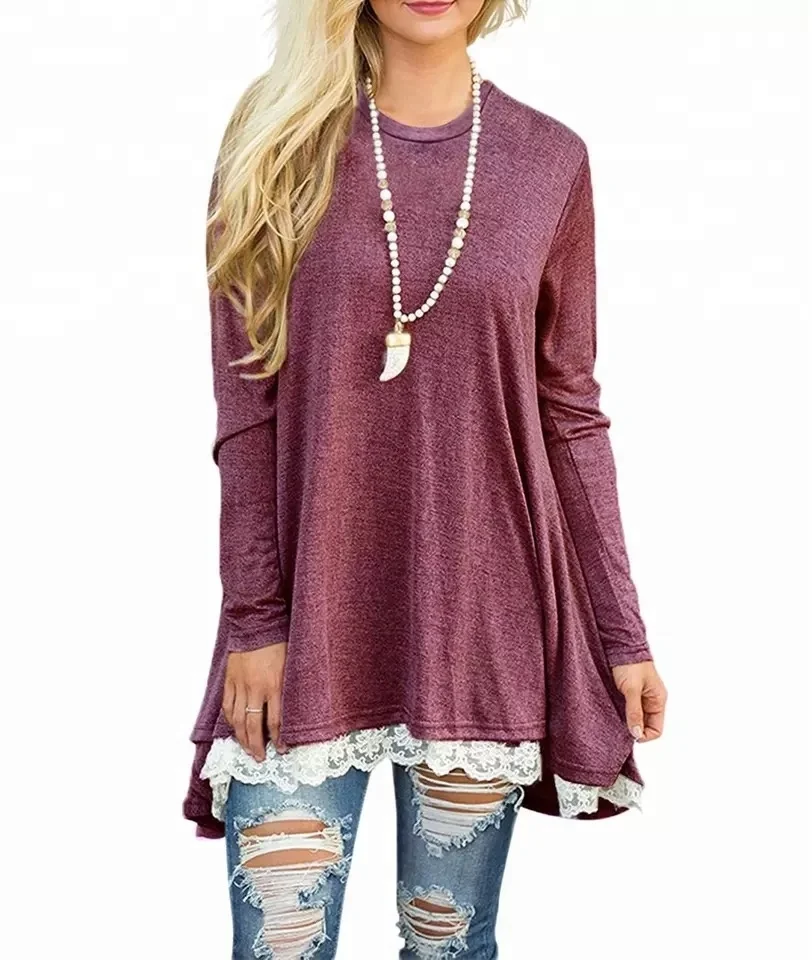 

C92 Lace bottom long sleeve tunics Women high quality sweatshirts soft fleece sweatshirts custom oversized sweatshirts, N/a