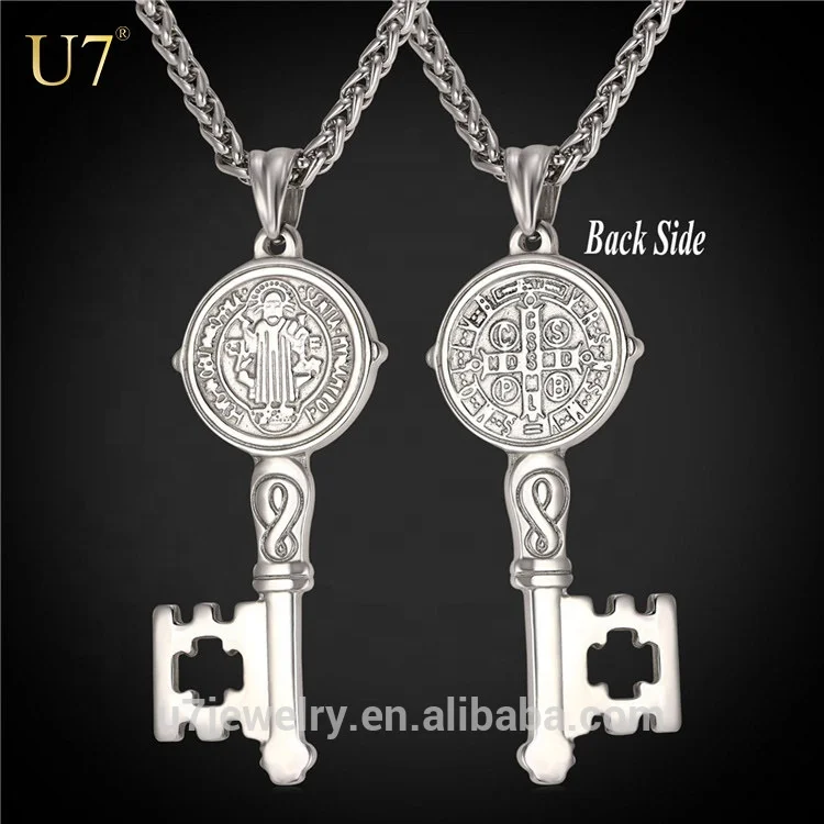 

U7 Vintage religious Men 18K Gold Plated 316L Stainless Steel Chain St Benedict necklace Key Jewelry