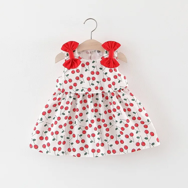 High quality wholesale cherry printing and bow dresses for baby girls