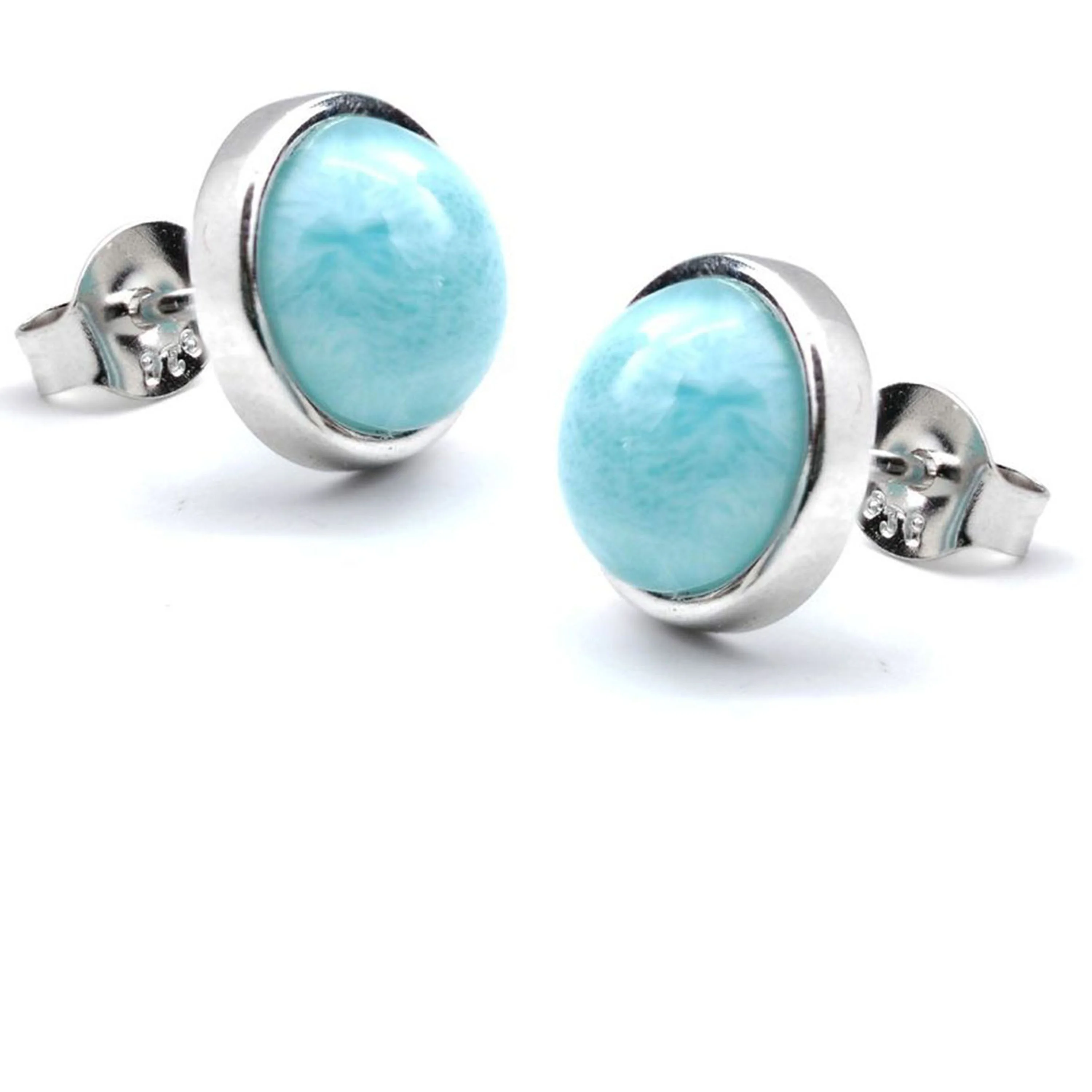 

White Gold Plated Natural Blue Round shape Sterling Silver Larimar Stud Earring