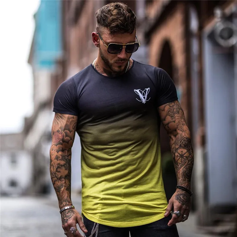 

Gradient color Fashion T Shirt Men Short Sleeve Fitness Gyms Tee Custom Your Design, Black,yellow,grey,white,blue,red