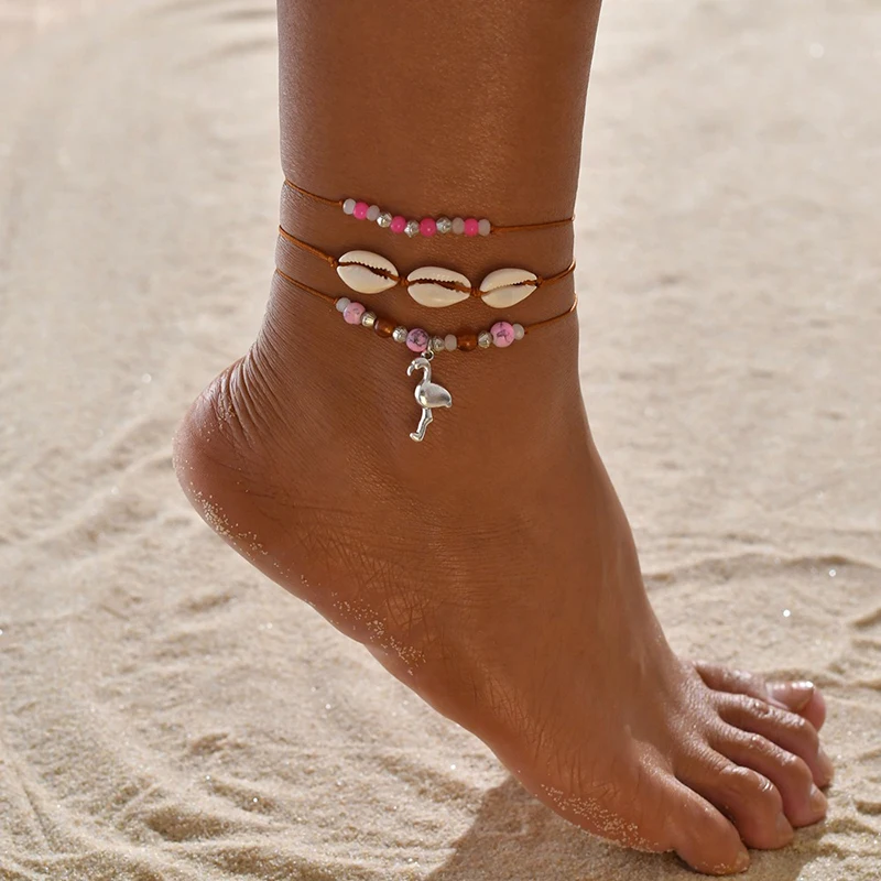 

Bohemian Pink Beads Sea Shell Anklets Set For Women Multi Layers Flamingo Pendants Anklet Bracelet (KAN387), As picture