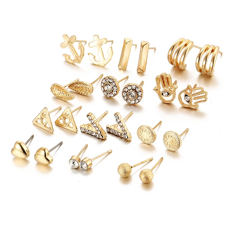 

12 pairs/set Vintage Heart Triangle Anchor Fatima hand Leaf charm crystal Stud Earring Set For Women Punk Jewelry (KES027), Same as the picture