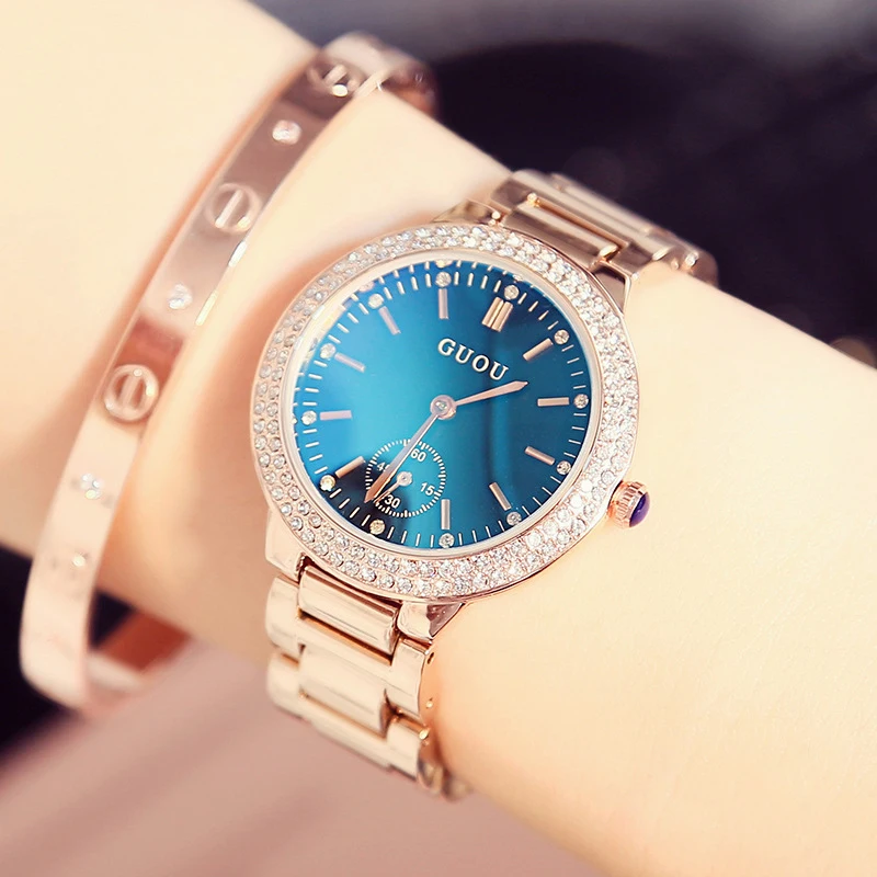 

GUOU fashion lady quartz watch air full of diamond watch frame blue light mirror students waterproof steel band wrist watch