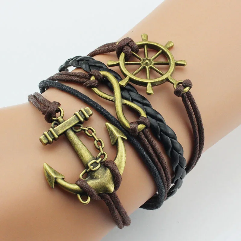 

Wholesale accessories rudder anchor unisex braided leather bracelet, Mixed & custom colors
