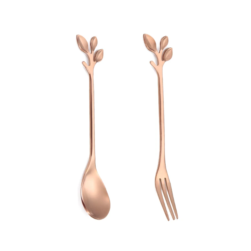 

Hot Sale Stainless Steel coffee spoon fruit fork for gift gold leaf spoon fork set, Gold sliver black rose gold