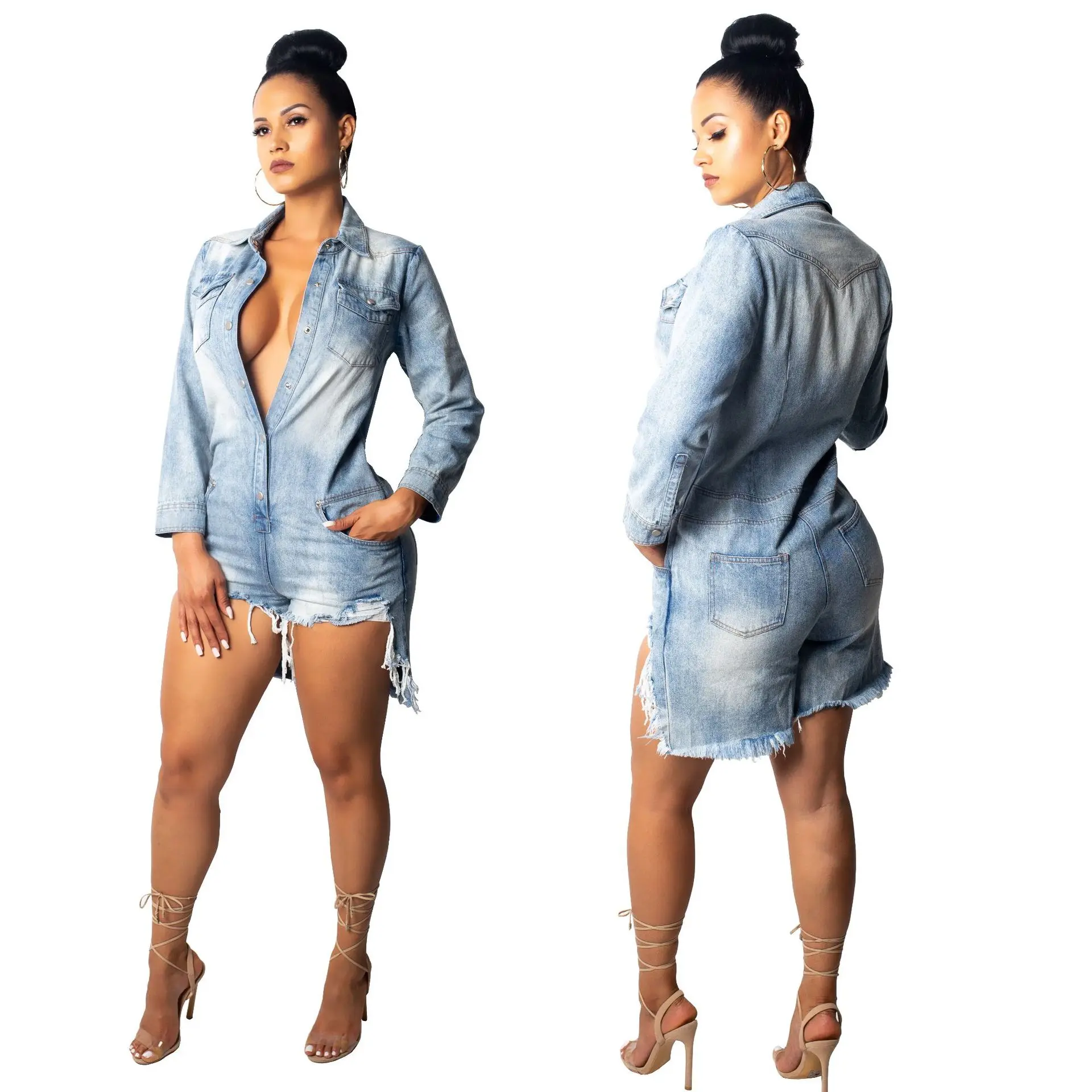 

Wholesale fashion ripped jeans jumpsuits faded glory jeans women short jeans jumpsuits, Picture colors;or custom color