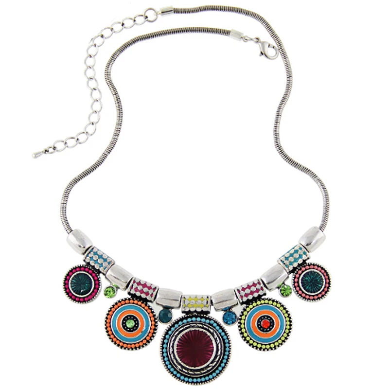 2016New Choker Necklace Fashion Ethnic Collares Vintage Silver Plated Colorful Bead Pendant Statement Necklace For Women