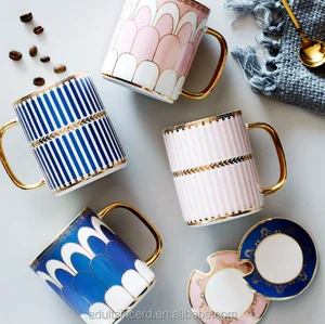 Design White Ceramic Coffee Tea Cup with Mental Glitter Heart Stripe Printing, Gift for Creativity,Gold Handle Mug