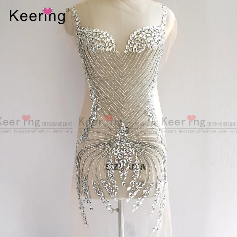 

Fashion design Beautiful Shiny Big glass stone front beaded bodice applique design WDP-151, Silver/clear