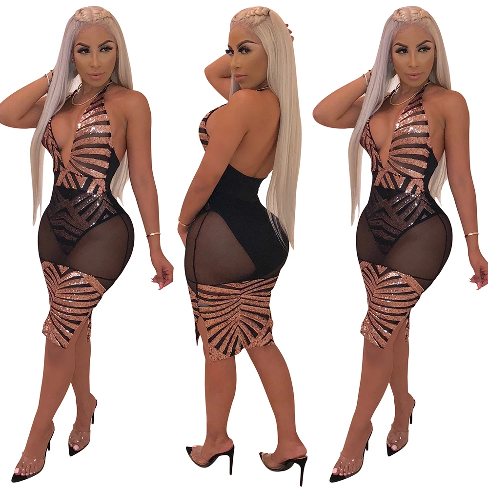 Best Selling Deep V Halter Neck Bandage Women Transparent Club Party Clothing Sexy Sequin Gauze Dress