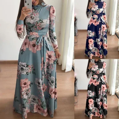 Autumn New Design Floral Print Round Neck Women Loose Casual High Waist Long Sleeve Dresses For Women