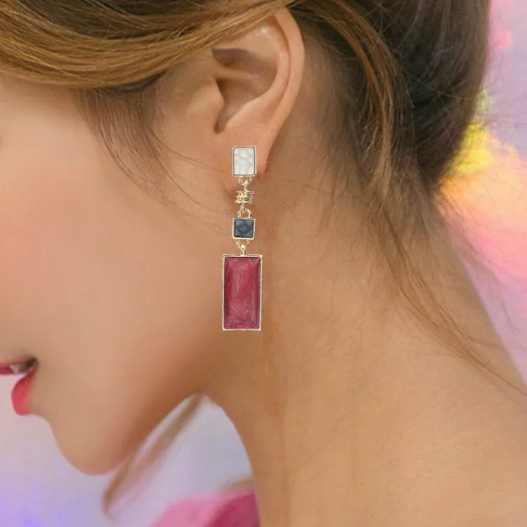 

Hot Korean Style Red Stone Geometric Rectangle Charm Trendy Pendientes Drop Dangle Earrings Jewelry for Women Girls