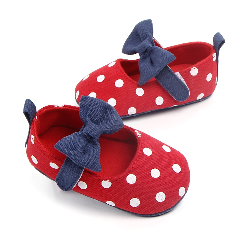 

New arrival dot and bow-knot designs canvas baby girl shoes, Red/blue