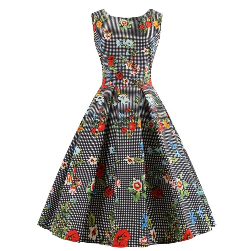 

Wholesales Women Lady Big Girls Dresses Party Cocktail Retro Vintage Swing Dress Print High Waist Pleated Tea Party 1950s Dress