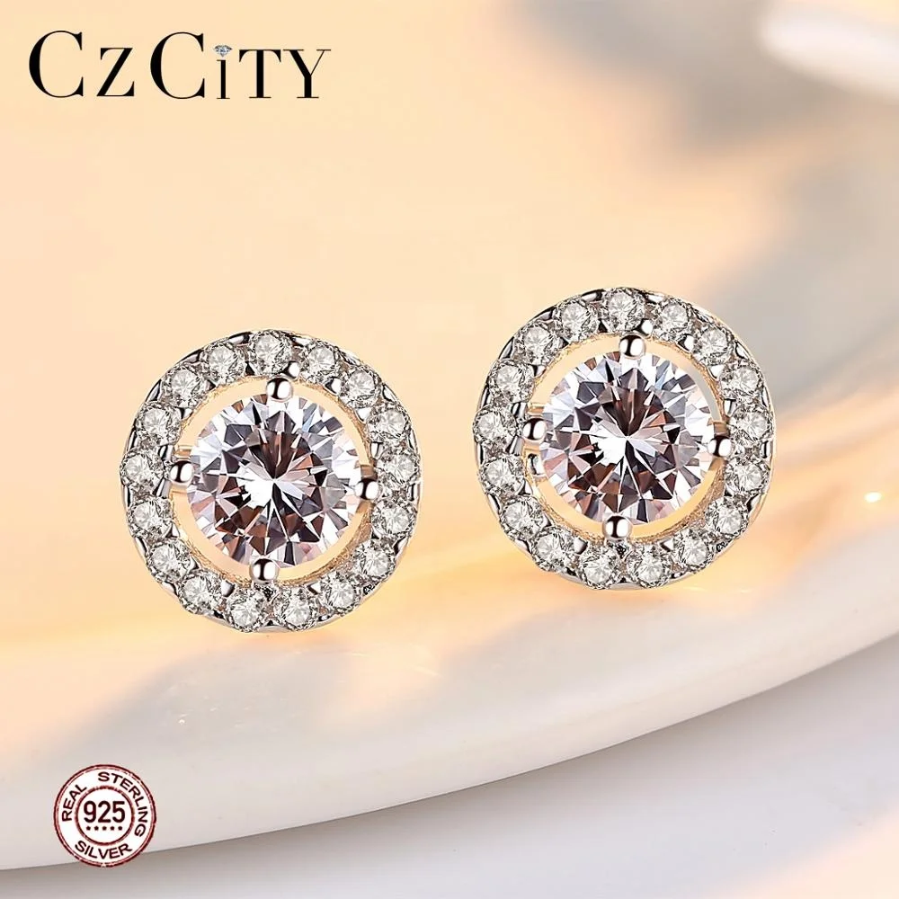 

CZCITY Round Shape Cubic Zirconia Classic 925 Sterling Silver Stud Earrings for Women Circle Earrings Silver CZ Diamond Studs