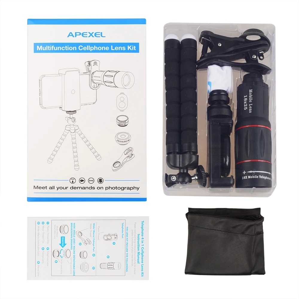 Apexel 18x Zoom Phone Lens Attachment With Mini Flexible Tripod Wide
