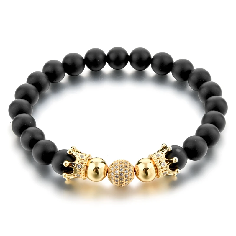 

Fashion Natural Black Agate CZ diamond Crown Bead Bracelet Men 2018, As picture