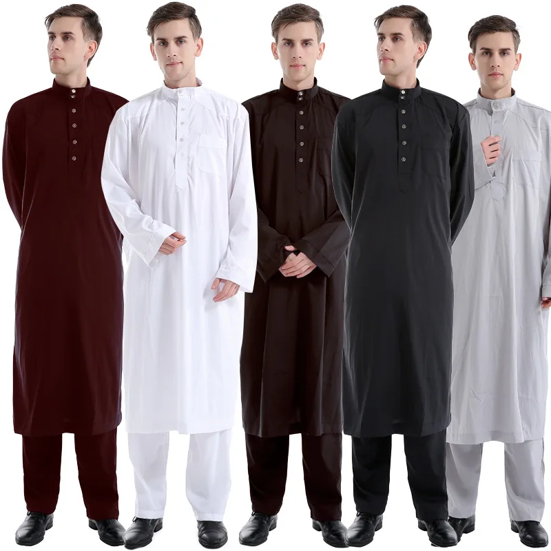 

Arabic Men Islamic Clothing White Abaya Two Pieces Moroccan Kaftan Muslim Thobe Musulman Robe Saudi Arabia Clothing