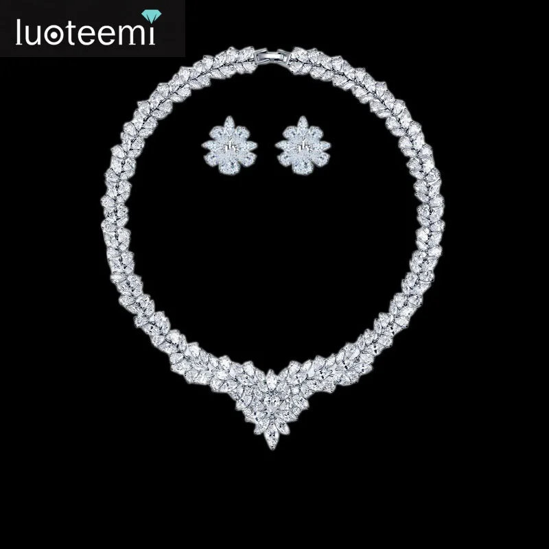 

LUOTEEMI Brand New 2015 Wholesale Hot Sale Women AAA Zircon Big Heavy Pendant Clear CZ Bridal Luxury Wedding Jewelry Sets