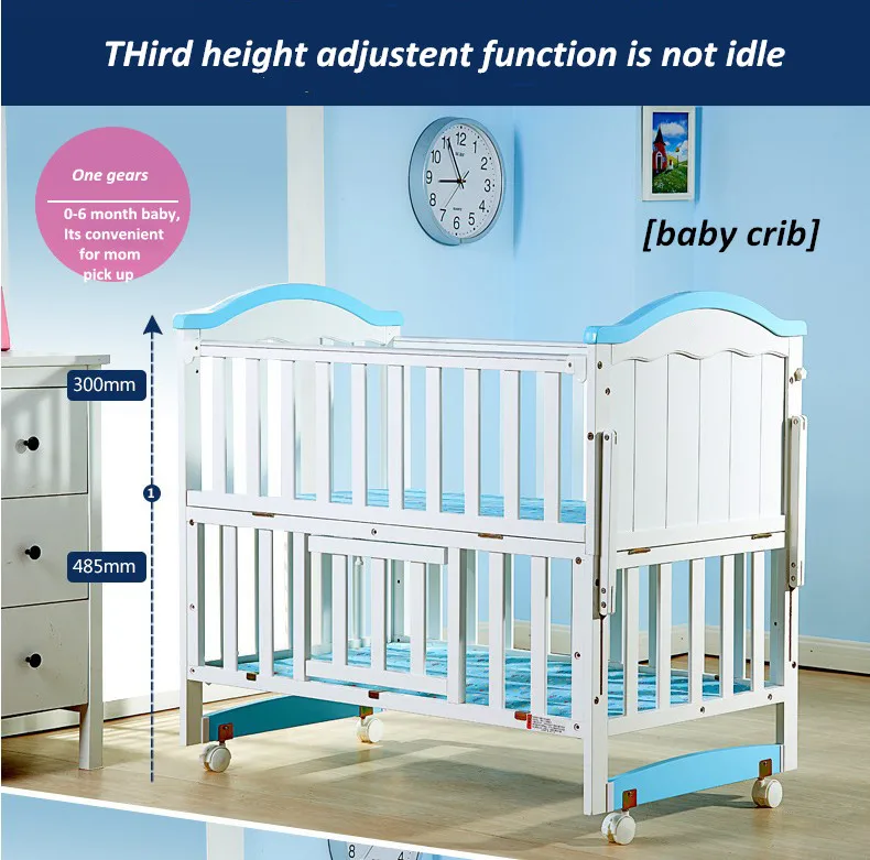 European French Style Solid Hardwood Attachable Baby Cot With Wheels